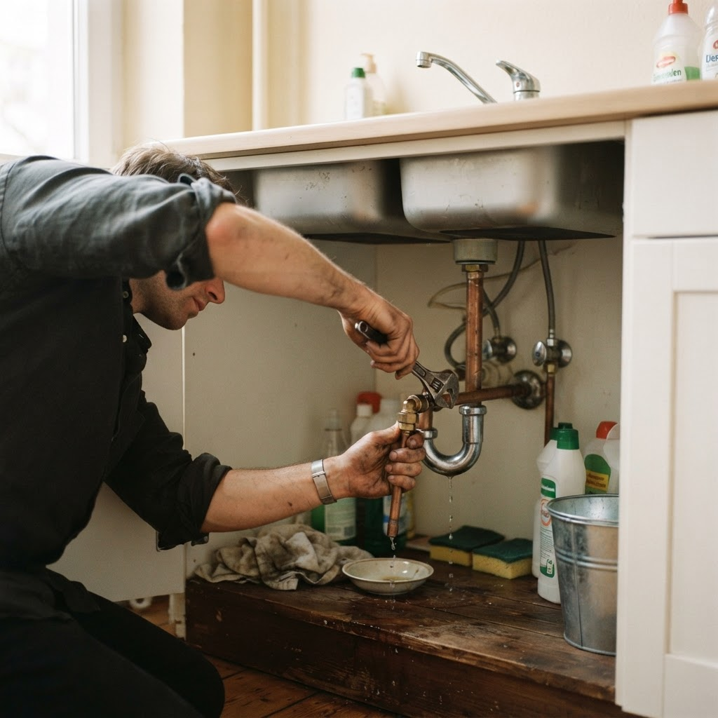 Handwerker repariert einen undichten Anschluss unter einer Spüle